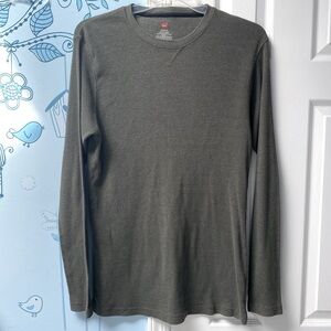 Hanes Waffle Thermal Olive Green Men's Crew Top Long Sleeves Tee Shirt Size L !!